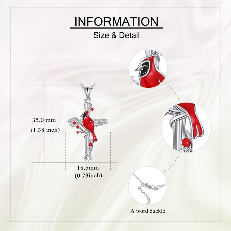 ONEFINITY Red Cardinal Necklace 925 Sterling Silver Cardinal Cross Pendant
