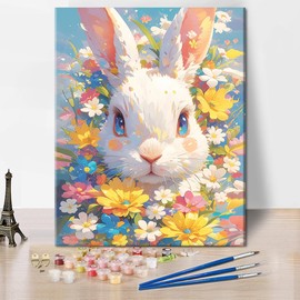 TUMOVO Paint by Number for Adults, White Rabbit Flowers Paint by Numbers, DIY Paint by Number Kits, Adult Paint by Number Kits on Canvas Painting by Numbers Crafts for Adults, 16 x20 Inch