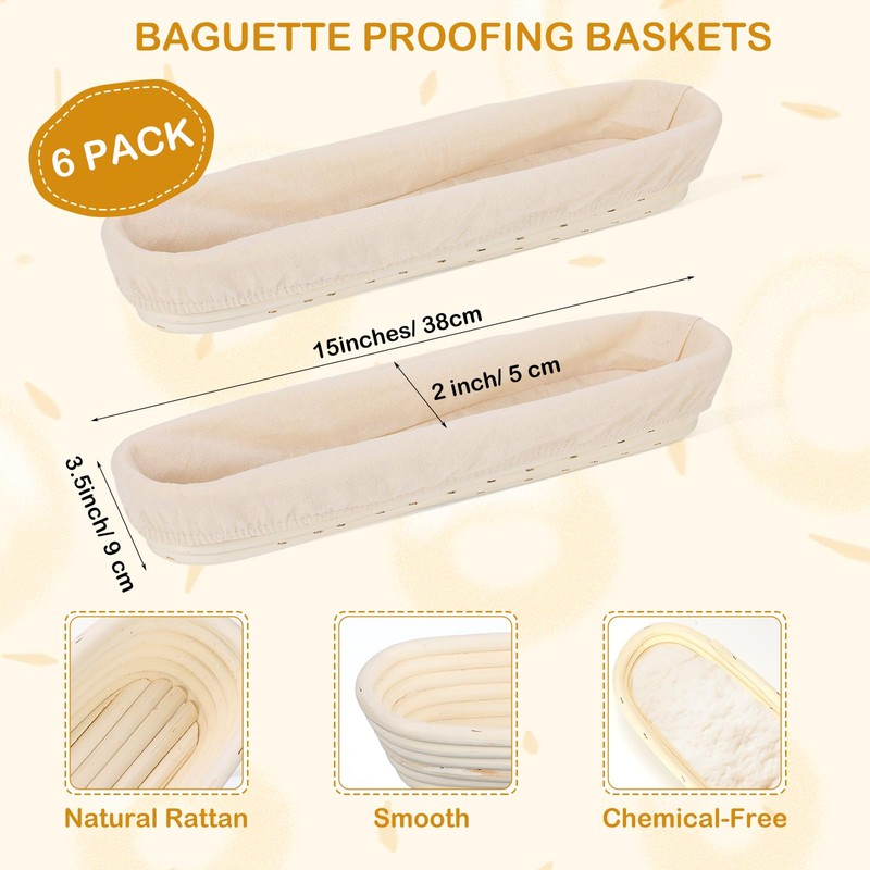 Vesici 15 Inches Baguette Banneton Proofing Basket 6 Pack with