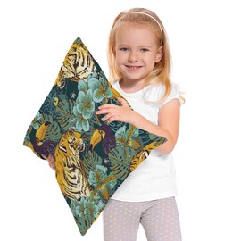 Moslion Exotic Tropical Flowers Throw Pillow Cover Toucan and Tiger Wildflowers Animal Forest Tree Leaves Square Pillow Case Cushion Cover for Home Car Decorative Cotton Linen 18x18 Inch