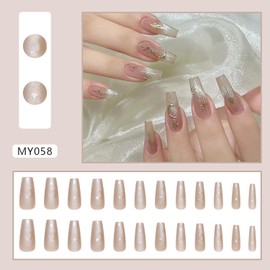 Press on Square Nails Medium Glossy Full Cover Acrylic Cat Eyes False Nails with Gold Moon Star Designs Artificial Square Shaped Fake Nails Glue ons Nails Stick on Fingernails for Women Girls