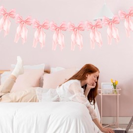 Bow Garland Banner, Pre-Strung Satin Ribbon Bow Party Decortions, Girls Bow Birthday Decorations, Tying The Knot Bride Bach Decor, Baby Shower Party Supplies (Pink)