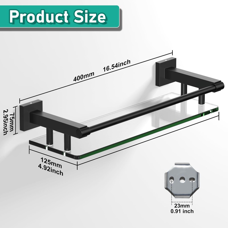 SFGSOWOR Glass Shelf 16IN for Bathroom Black Rectangular Stainless Steel