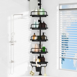 Kintorex Corner Shower Caddy Tension Pole – Adjustable Height (38-118 inch), 5 Tier Shelf Bathtub Organizers and Storage – Includes Towel Rack, Tooth Brush Holder and Suction Cups