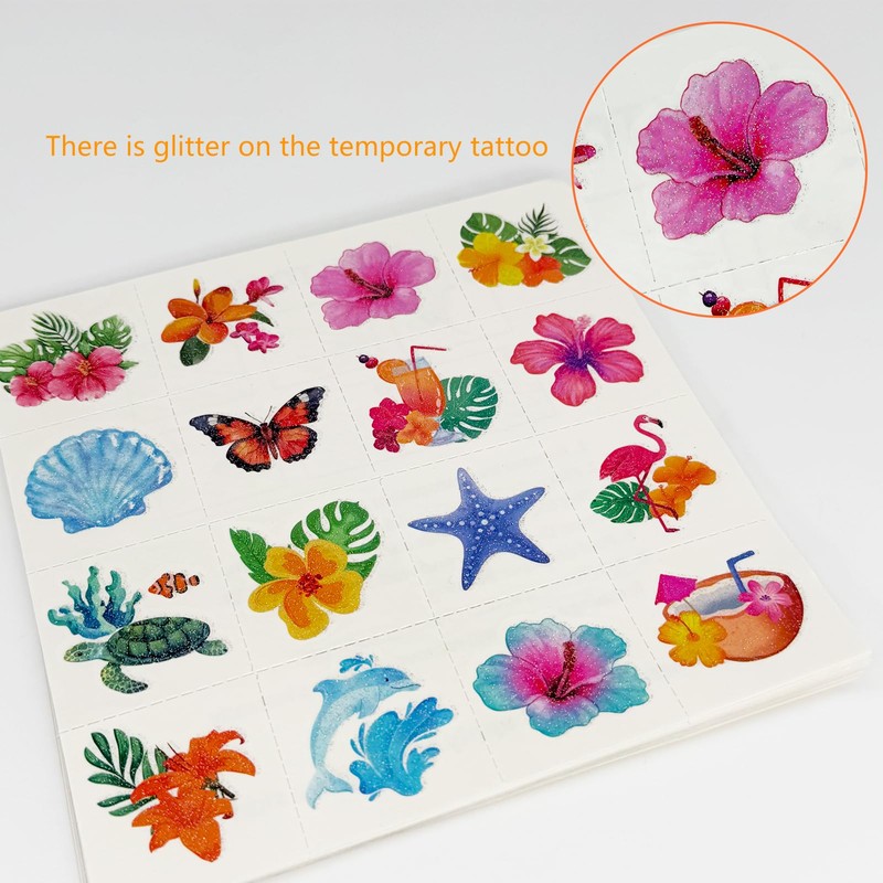 256PCS Hawaiian Glitter Hibiscus Flower Tattoos – Summer Tropical Luau