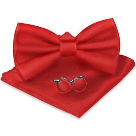 URAQT Men's Bow Tie, 3-Piece Classic Plain Bow Ties with Pocket Square Cufflinks for Men, Tuxedo Bow Tie with Hook, Narrow Bow Tie for Wedding Party (Red)
