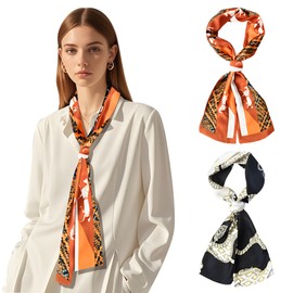 ReignSword Like Silk Neck Head Scarf for Women, Fashion Printed Neck Wrap, Hair Tie and Handbag Accessory, Lightweight Breathable 5.5 x 59 Inch Long Scarf (2 Pcs, Style Mix B), Orange, Medium