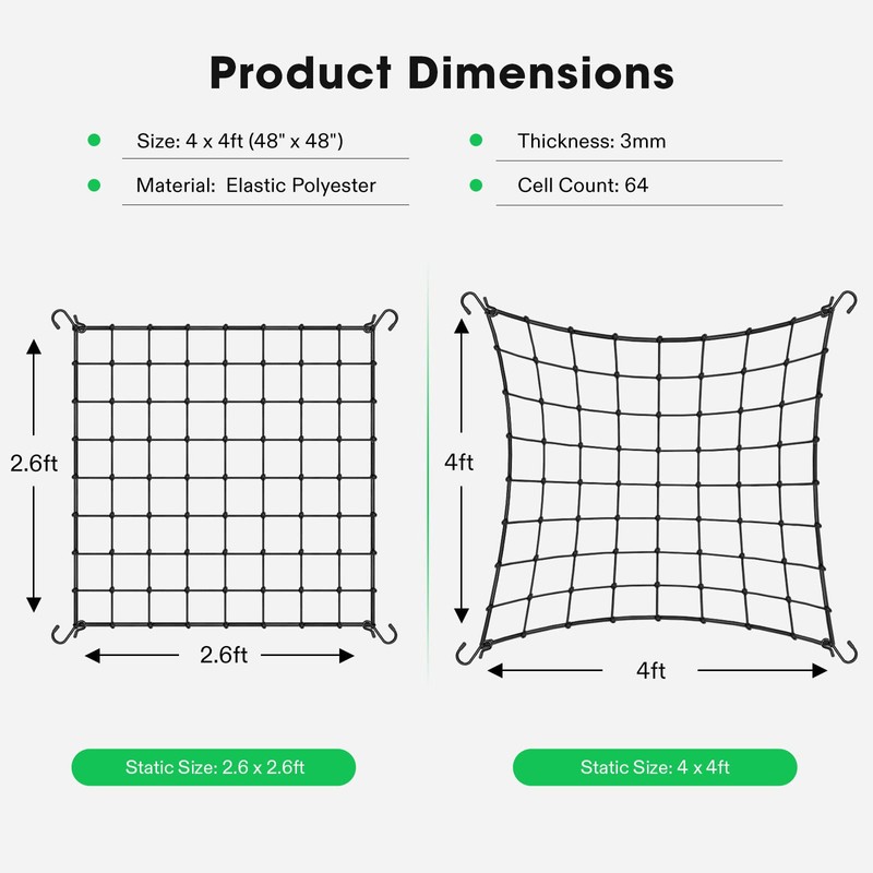 VIVOSUN 4 x 4Ft. Elastic Trellis Netting with 4 Hooks