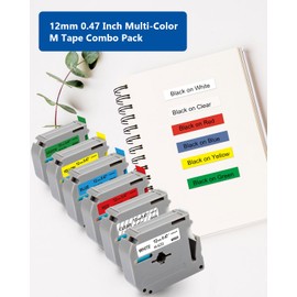 Labelwell 6P M-Tape 12mm 0.47 Replacement for Brother P Touch Label Maker Tape M-K231 M-K131 M-K431 M-K531 M-K631 M-K73 for Ptouch PT-M95 PT-70BM PT-65 PT-70 PT-80, White/Clear/Red/Blue/Yellow/Green