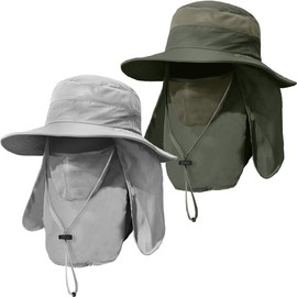 ZEXIAN 2 Pieces Men's Wide Brim Fishing Hat Outdoor UPF 50+ Sun Protection Removable Face and Neck Flap (Light Grey & Army Green)