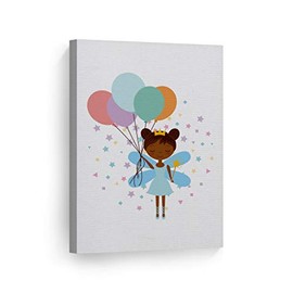Smile Art Design Cute African American Art Fairy Girl Balloons White Background Canvas Print Kids Room Decor Wall Art Baby Room Decor Nursery Decor Made in The USA- 40x30