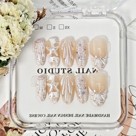 24Pcs Summer Beach Press on Nails Medium Almond French Tip Fake Nails 3D Shell Starfish Rhinestones Designs Full Cover Stick on Nails White Shell False Nails for Women Girls Acrylic Nails Decor DIY