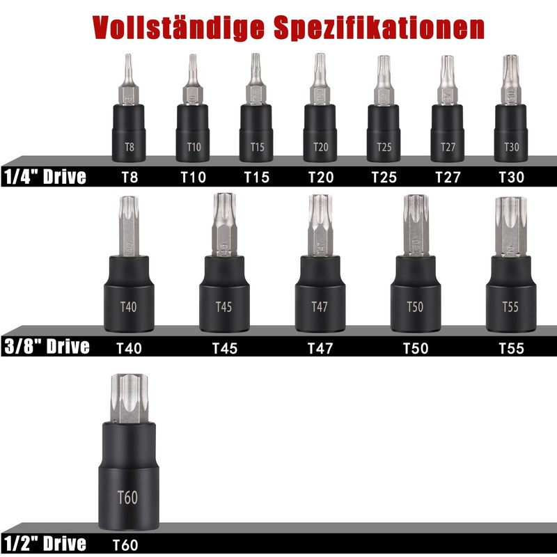 Awang Torx Bit Socket Set 13 Pieces, T8 - T60
