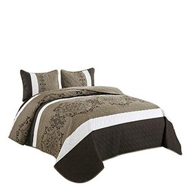 WPM Victoria Medallion Print Queen Size Quilt Set with Pillow Sham Brown Beige Bedspread Bed English Style Quilted Theme Bedroom 3 Piece Coverlet (Elizabeth Brown, Queen)