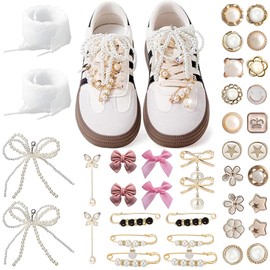 starfa lab Shoes Charms for Sneakers Socks,38PCS Y2K Ribbon Shoe Laces Women Shoelace Charms with Bows Clips Pins Jewelry, Socks Decorations and Hats Decorations for Women