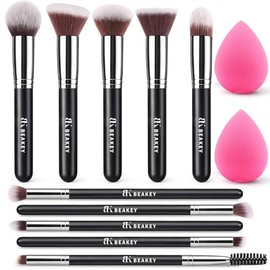 BEAKEY Juego de brochas de maquillaje, base profesional, corrector de sombra de ojos, aplicador bronceador en polvo, 2 esponjas de licuadora con estuc