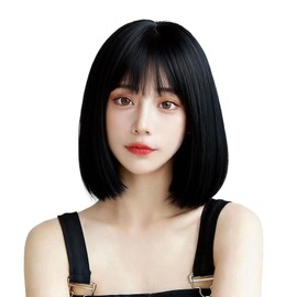 Wig, Bob, Straight, Medium, Short Heat Resistant, Natural, Small Face, Cute, Semi Long, Full Wig, Wig, Women's Clothing, Daily Wear, Cosplay, Net Included (Natural Black)