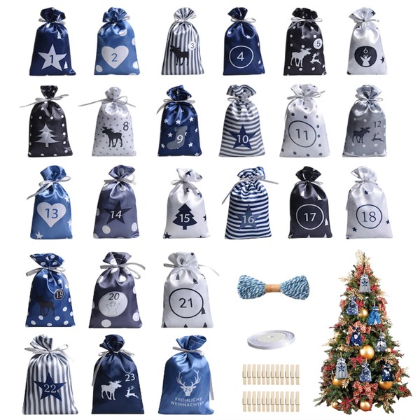 HIPIHOM Christmas Advent Calendar Bags, 24 Days Countdown Burlap Satin