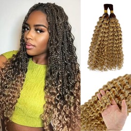 Ombre Balayage Human Braiding Hair for Boho Braids Brown Colored Human Hair Braiding Hair 100g 12 Inch Curly Boho Hair for Braiding Knotless Water Wave Bulk Human Hair for Braiding Bohemian 2 Bundles