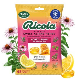 Ricola Honey Lemon Echinacea Cough Drops with Menthol - Minor Cough and Sore Throat Relief - 45 Count - Herbal Throat Lozenges