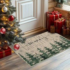 Mocsicka Winter Pine Trees Snowflakes Doormat Merry Christmas Welcome Decorative Doormat Winter Xmas Non-Slip Floor Mat for Outdoor 17x30 Inch