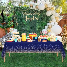 2 Pcs Navy Blue and Gold Plastic Tablecloth for Rectangle Table, 54 × 108 inches Disposable Gold Dot Dark Blue Party Table Covers for Anniversary, Wedding, Fine Dining, Graduation Party Decoration