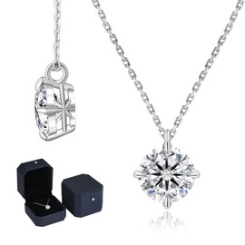 KRKC Moissanite Necklace, Women's, Birthday Gift, S925 Sterling Silver, Single Stone Diamond, 0.5, 1.0, 2.0, 3.0, 4.0 ct, Artificial Diamond, 4 Prongs, Hypoallergenic, White Gold Plated, Simple