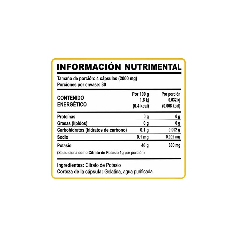 Citrato Potasio 120 Cápsulas Well Rounded 2000mg Porción Sabor