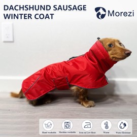 MOREZI Dog jacket is a waterproof, fleece-lined dog winter jacket with adjustable belt and reflective trim, suitable for dachshunds and similar breeds, red-M