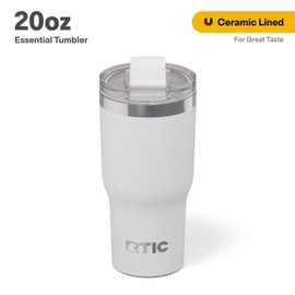 RTIC 20oz Essential Tumbler with Lid, Ceramic Lined, Insulated, Stainless Steel, Metal, Double Wall Vacuum-Insulation, Travel Cup for Iced Coffee, Tea, Hot and Cold Drink, White