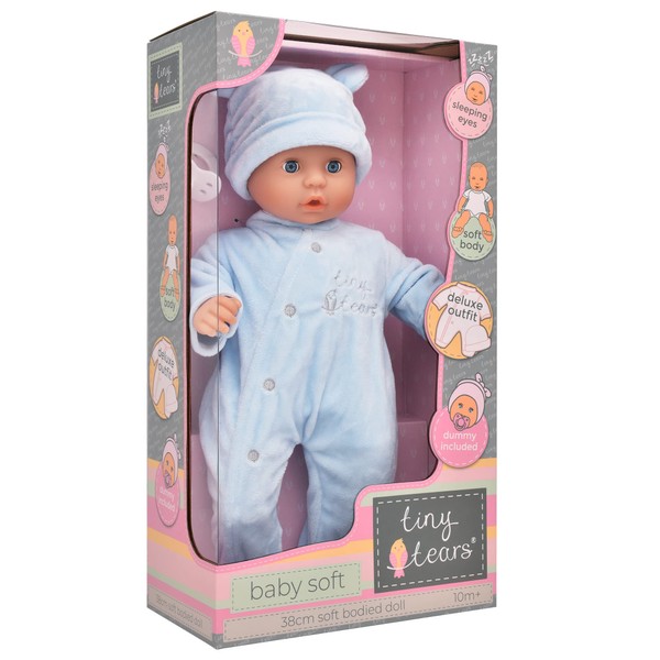 John Adams | Tiny Tears - Baby Soft - 38cm soft bodied doll in blue outfit: One of the UK's best loved doll brands! | Nurturing Dolls| Ages 10m+