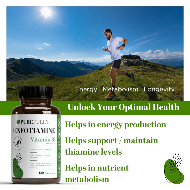 PUREFULLY Benfotiamine (Vitamin B1/Thiamine) 100mg, 120 Capsules - For Energy