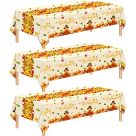Jhfinely 3 Pcs Happy Thanksgiving Tablecloth - Turkey Fall Plastic Table Cloth, 54 x 108 Inch Maple Leaf Disposable Rectangle Table Cover for Autumn Harvest Thanksgiving Party Decorations