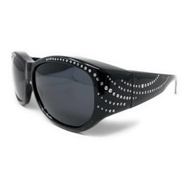 Incredible Bargains The Ritzy Polarized 60 mm Fit Over OTG Rhinestone Oval Wrap Around Sunglasses, Black