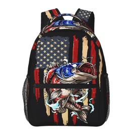 KOSUES Vintage Fishing American Flag Bass Fishing Fisher Laptop Backpacks Double Shoulder Laptop Pack Bag Daypack Back Pack Bags Rucksack Computer Bag with Side Pockets Front Zipper Pockets