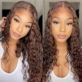 Chocolate Brown Deep Wave Lace Front Wigs Human Hair 13x6 Hd Lace Curly Lace Frontal Wigs for Black Women Pre Plucked Glueless 4# Brown Colored Wig (20 Inch)