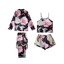 LYANER Women's Pajamas Set 4 pcs Satin Silk Cami Top Button Down Loungewear Pjs Set Black Medium