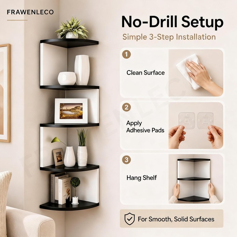No-Drill Corner Shelf Wall Mount, 5-Tier Floating Corner Bookshelf with