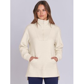 ANRABESS Women Oversized High Neck Half Zip Knit Sweatshirts Quarter Zip Pullover Sweater 2025 Fall Outfits Beige Small