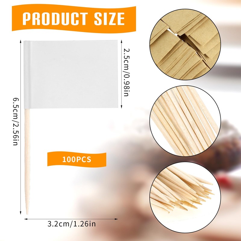 Pack of 100 Empty Toothpick Flags, White Flag Toothpicks, Flag