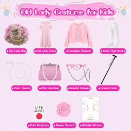 VillbeCoser 100 Days of School Old Lady Costume Set Grandma Dress Up Cosplay Accessories for Girls 13PCS AllPink M
