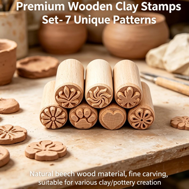 7 Piece Wooden Clay Stamps, 2 Inch Recessed Imprint Tools