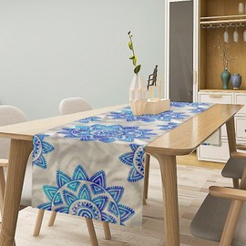 Boho Mandala Flower Table Runner Retro Ethnic Blue Watercolor Tribal Floral Oriental Seasonal Dinner Runner Farmhouse Home Kitchen Holiday Party Dining Table Decor 13x36in