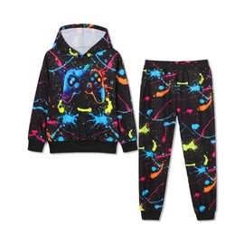 Latnnut Boy Clothes Fall Winter Outfits Long-sleeved Game Consoles Print Hooded Sweatshirt Pants 2Pcs Set 7-8 Years
