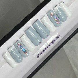 Handmade  CUSTOM Gel press On Nails, BLUE GREY BLING , Med Square 10p Set With FULL KIT