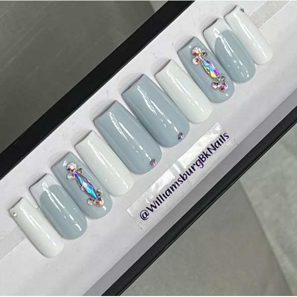Handmade CUSTOM Gel press On Nails, BLUE GREY BLING ,