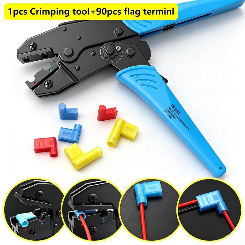 smseace 91pcs Right Angle Spade Connectors with Flag Terminal Crimper