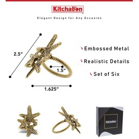 KitchaBon Gold Napkin Rings Set of 6, Table Setting Centerpiece Decor Napkins Ring Holders, Napkin Ring Packs for Family Holiday Dinner, Fancy Banquet & Wedding Decorations for Reception- Starfish