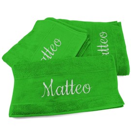 Hand Towels Set of 3 Embroidered with Name or Desired Text - Colour Green - 3 Different Sizes: 180 x 100 cm, 140 x 70 cm and 100 x 50 cm - 100 % Cotton
