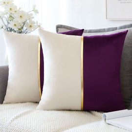 Artscope Set of 2 Velvet Cushion Covers for Sofa Car Bedroom Luxurious Modern Minimalist Golden Leather Stitching Decorative Cushion Cover Cushion Case 45 x 45 cm (Purple and White)